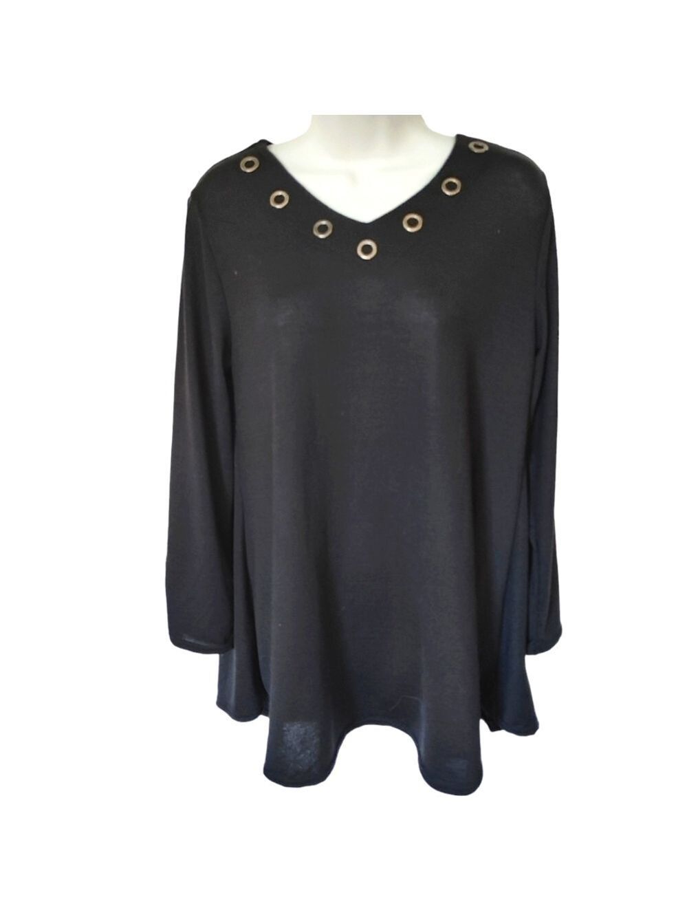 DOMANI Cotton Blend Tunic Top  V Neck 3/4 Sleeve Black Size Large NWT